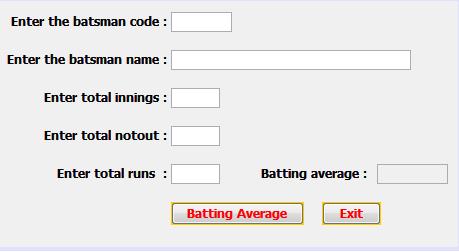 runs/(innings notout) Calcavg Function to compute batavg (4) Member Methods: Readdata() displaydata() Function to accept values for Bcode, name, innings, notut and invoke the function calcavg()