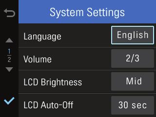 3-6. Settings > System Settings 03 LCD Screen Language : Sets dash cam system language Voice Volume : Sets the volume level LCD Brightness : Sets the brightness of the LCD screen LCD Auto-Off : Sets