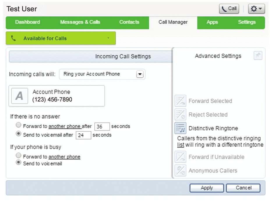 Distinctive Ringing To enable a distinctive ring tone for incoming calls from selected numbers, 1. From the Call Manager tab, click on the Advanced Settings arrow to display additional features. 2.