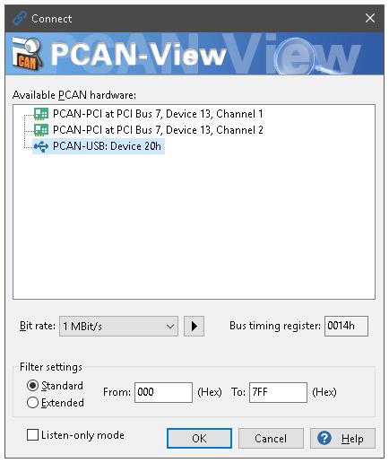 Do the following to start and initialize PCAN-View: 1. Open the Windows Start menu and select PCAN-View. The Connect dialog box appears. Figure 4: Selection of the specific hardware and parameters 2.