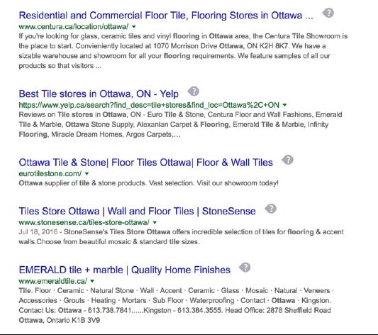 SEARCH RESULTS IN GOOGLE FOR MAIN KEYWORDS Keyword: Tile Stores Ottawa 1000
