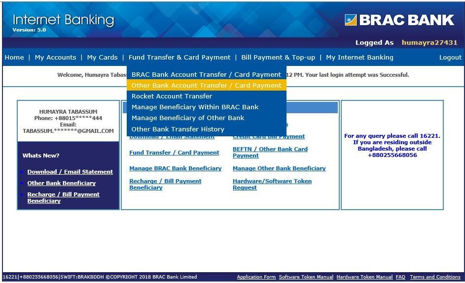 Click on Fund Transfer & Card Payment Click on Other Bank Account Transfer/ Card