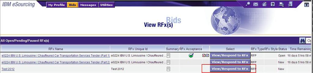 FINDING AND ACCEPTING YOUR RFX Click on the Blue View/Respond to RFx button next to the RFx
