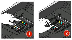 3 Press the release tab, and then remove the used ink cartridge or cartridges. 4 Install each ink cartridge. Use two hands to install the black cartridge.