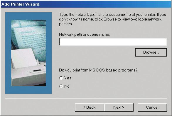 Select Network printer and press the Next button. A prompt for the Network path or queue name will appear. Press the Browse button.