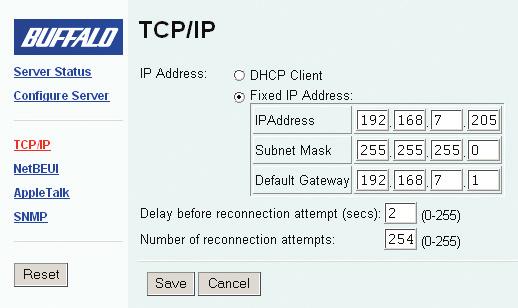 Press the Save button when configuration is complete. A message will appear recommending a reset. Press the OK button. Press the TCP/IP link on the left.