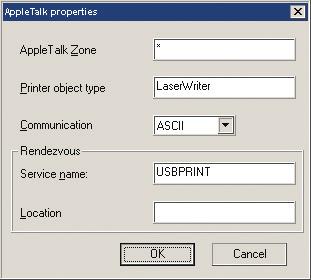 AppleTalk Settings: If there are Macintosh computers on the network that wish to use the printer, then enter a Rendezvous Service Name in the field and press the OK