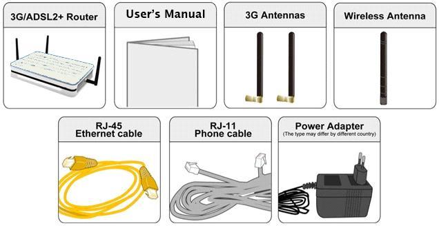 Chapter 2 Installing the Router Package Contents 3G/ Wireless-G ADSL2+ VPN Firewall Router RJ-11 ADSL/Telephone cable Ethernet