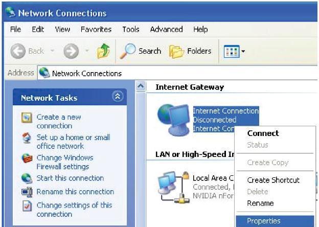 Double-click Network Connections. An icon displays under Internet Gateway.