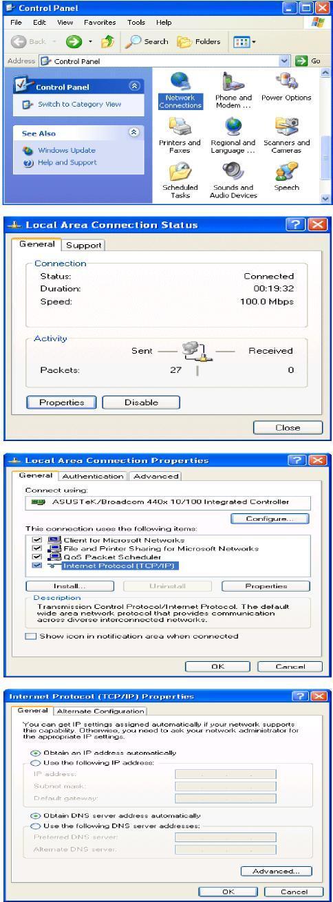 Configuring PC in Windows XP 1. Go to Start > Control Panel (in Classic View). In the Control Panel, doubleclick on Network Connections 2. Double-click Local Area Connection. 3.