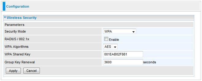 Wireless Security You can disable or enable wireless security function using WPA or WEP for protecting wireless network. Wireless security is on by default and default key is devices MAC address.