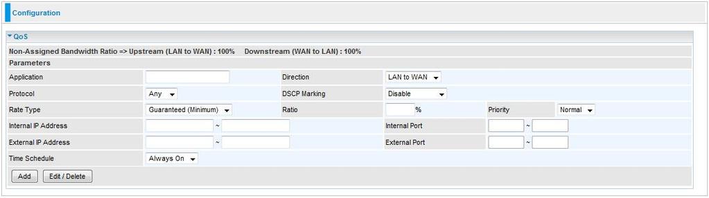 QoS - Quality of Service QoS helps you to control the data upload traffic of each application from LAN (Ethernet and/or Wireless) to WAN (Internet).