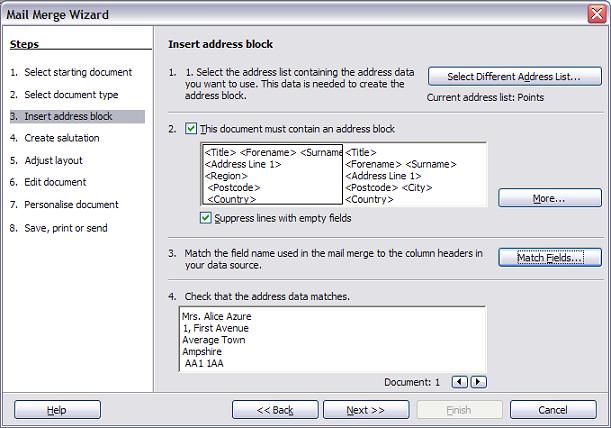 Figure 20: Insert address block Select the address list and click OK to return to