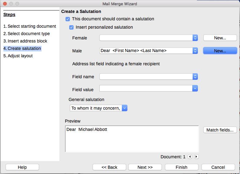 Step 4: Create salutation It is possible to create just about any salutation you want in this step. Select This document should contain a salutation to enable the General salutation list box.