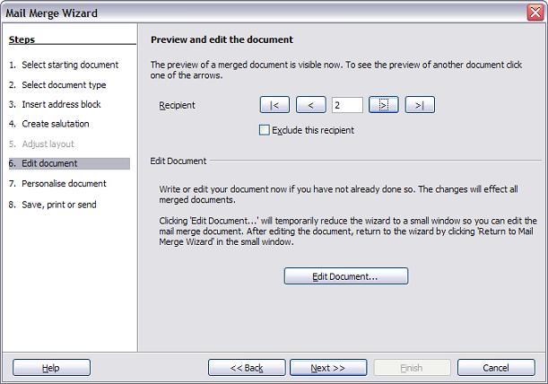 Step 6: Edit document and insert extra fields In step 6 you have another opportunity to exclude particular recipients from the mail merge, as shown in Figure 28.