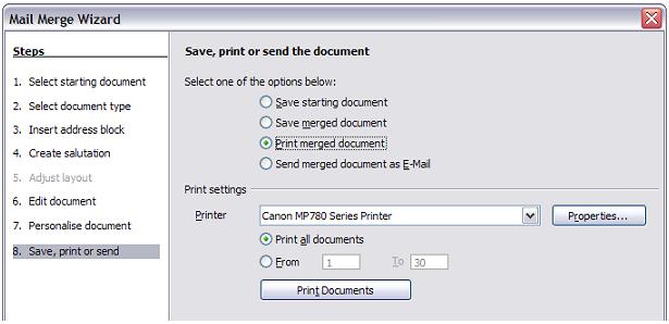 Figure 34: Printing the merged document Using