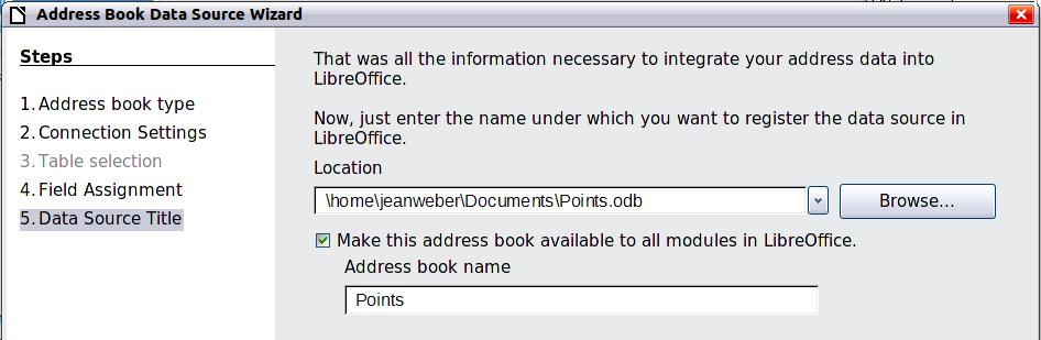8) Name the new database (.odb) file in the Location field. Optionally change the name in the Address book name field; this is the registered name, which LibreOffice displays in data source listings.