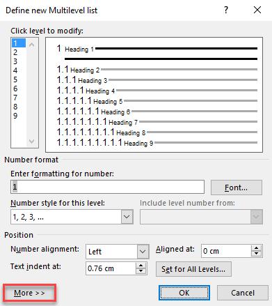 docx To change the numbering to 2 Click the Multilevel list