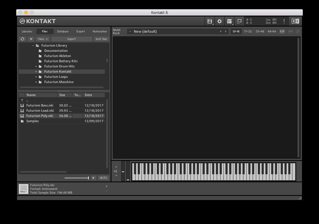 LOADING INSTRUMENTS INTO KONTAKT To load the Kontakt versions of Futurism, simply navigate to the
