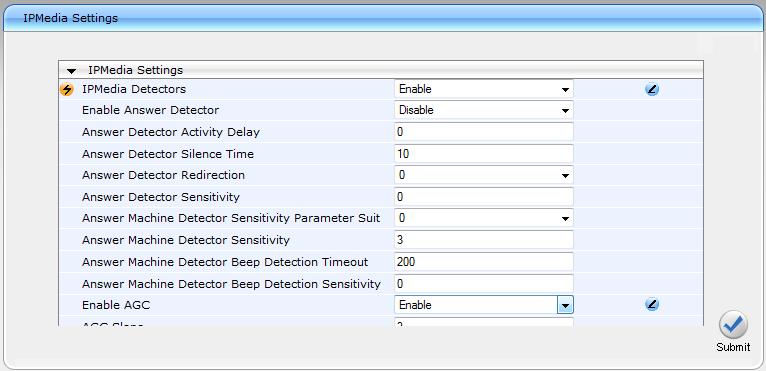 Enhanced Gateway with Analog Devices Figure 4-49: IPMedia Settings Page 6. From the 'IPMedia Detectors' drop-down list, select Enable. 7. From the 'Enable AGC' drop-down list, select Enable. 8.