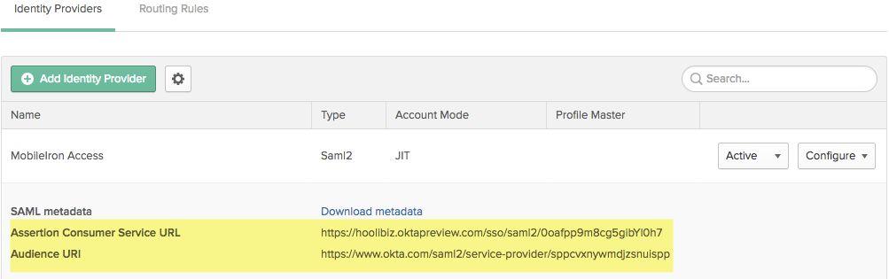 11. Observe the following a. Assertion Consumer Service URL b. Audience URI 12. Download the Okta SAML metadata 13. Download and save the certificate file a. Click the Configure button b.