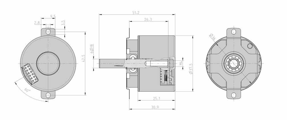 DIMENSIONED DRAWINGS (continued) Multiturn, Spring tether "F" ORDERING INFORMATION Type Resolution Supply voltage Flange, Protection, Shaft Interface Connection AD34 002 2 Bit ST 003 3 Bit ST 004 4