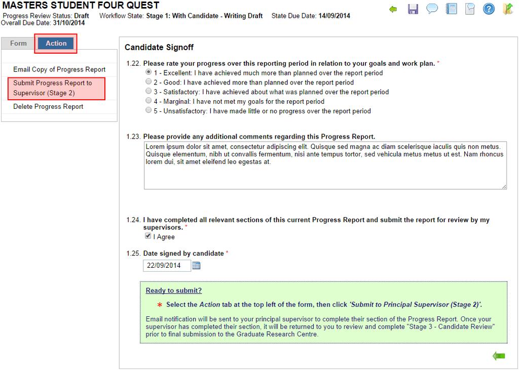 Candidate Signoff page with Action tab highlighted Click on the Action tab in the left-hand column then click Submit Progress Report to Supervisor (Stage 2).