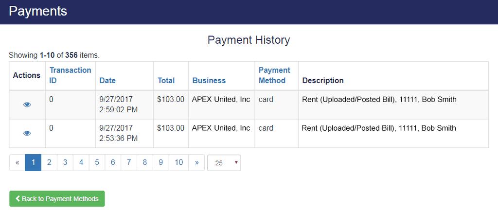 The Payment History tab displays past payments associated with the current user s email address. Information includes payee, payment date, and payment amount and type.