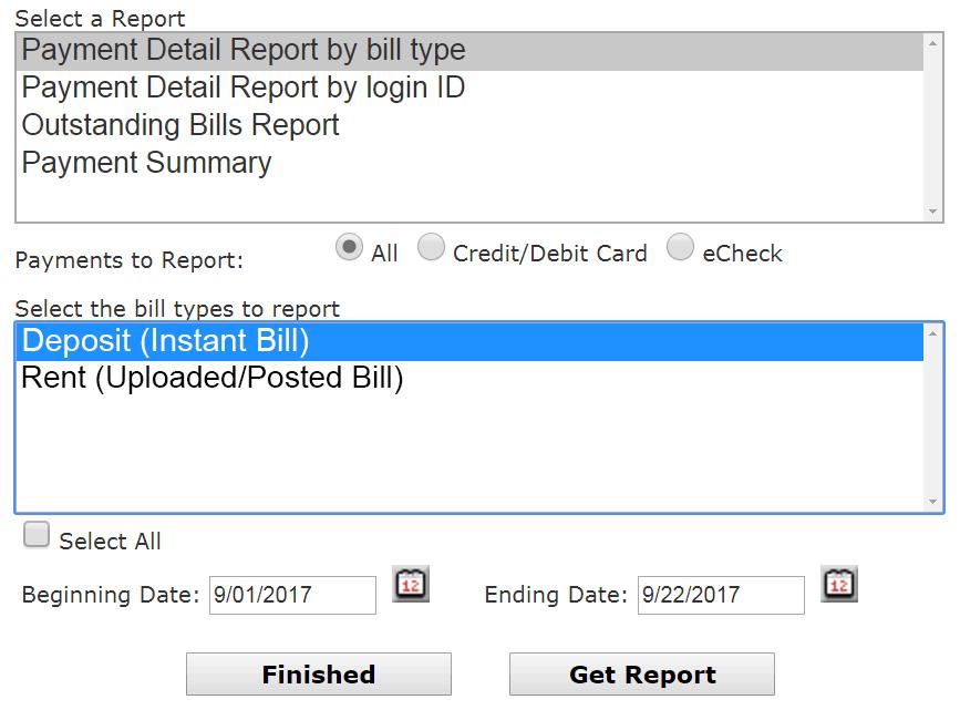 Payment Detail Report by Bill Type Once you select Payment Detail Report by Bill Type, you will see a similar screen as shown to the right.