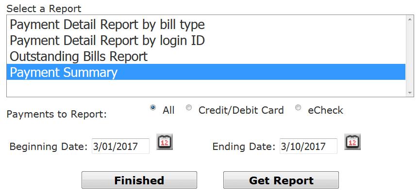 Outstanding Bills Report The Outstanding Bills Report provides a summary of all the unpaid bills uploaded to the site. To run this report, select it from the reports menu and click Get Report.
