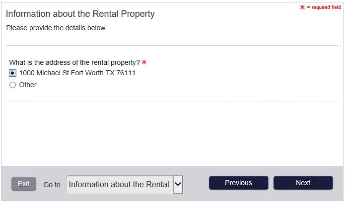 9. Information about the Rental Property (part 1) Select the address of the property or if different than the address entered select other to