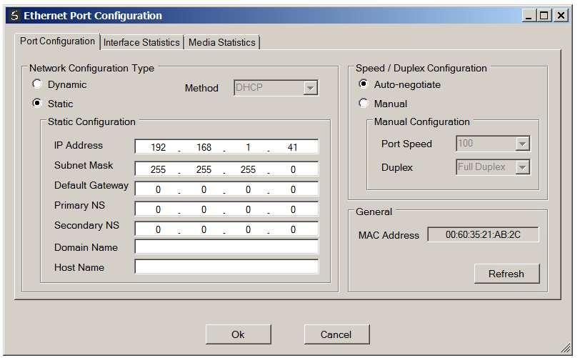 Setup All the relevant Ethernet port configuration parameters can be modified using the Port Configuration window.