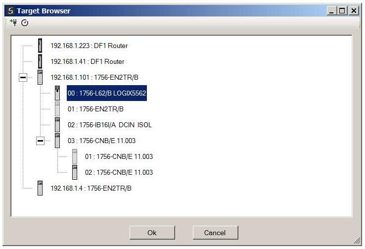 Setup Figure 3.31. - Target Browser selection The required Logix controller can then be chosen by selecting it and clicking the Ok button, or by double-clicking on the controller module.