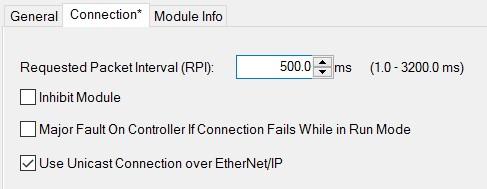 Next the user needs to add the connection requested packet interval (RPI). This is the rate at which the input and output assemblies are exchanged. The recommended value is 500ms.