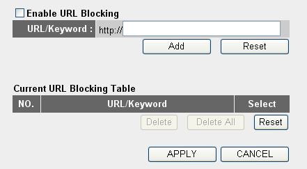 then click URL Blocking, and the following message will be displayed on your web browser: 1 3 4 2 5 6 7 8 9 Here are descriptions of every setup items: Enable URL Blocking (1): URL/Keyword (2): Add