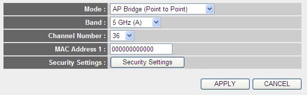5GHz AP Bridge (Point to Point) Settings 1 2 3 4 5 NOTE: Two wireless routers must use the same mode, band, channel number, and security setting!