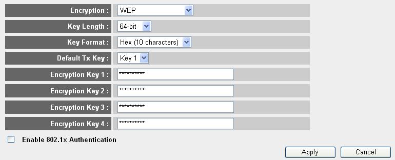 2-7-3-2 WEP - Wired Equivalent Privacy When you select this mode, the wireless router will use WEP encryption, and the following setup menu will be shown on your web browser: 1 2 3 4 5 6 7 8 9 Here