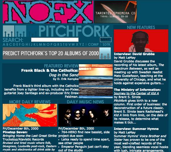 Pitchfork January 18, 2001 3.5 Pitchfork added daily music news and interviews along with their music reviews.