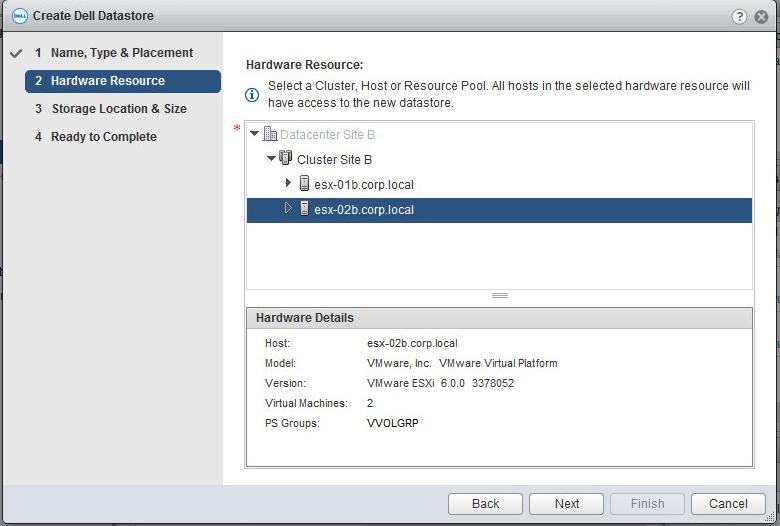 Hardware Resource 1. Expand out Cluster Site B and select host esx-02b.corp.local. 2. Wait for the Hardware Details pane to populate prior to clicking Next to continue.