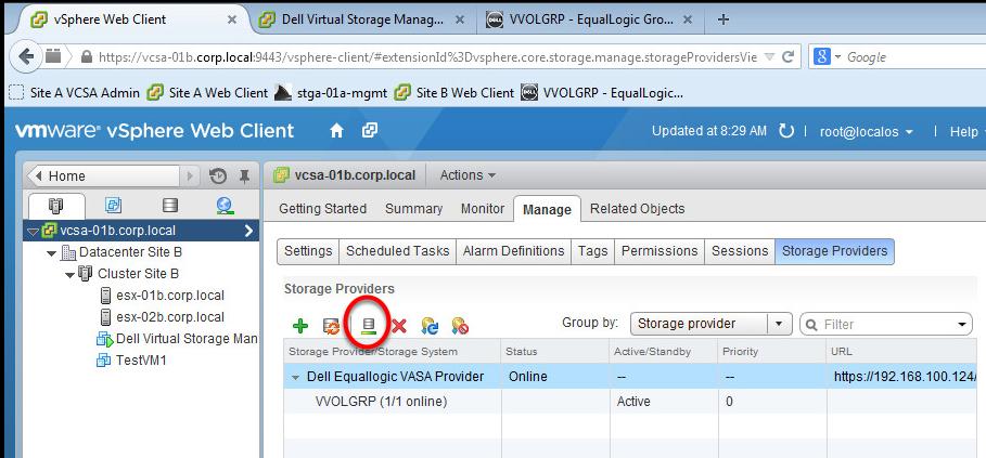 Check VASA Provider status, and rescan if necessary 1. From the vsphere Web Client click on vcenter > vcenter Servers > vcsa-01b.corp.