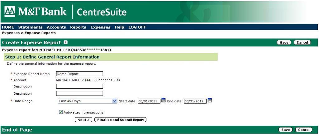 Creating and Submitting an Expense Report Log on to CentreSuite at www.centresuite.com/centre?mtbank. The home page appears.