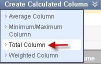The Total column is the calculated column of all the columns of a grade center. Hover mouse over Create Calculated Column and select Total Column.