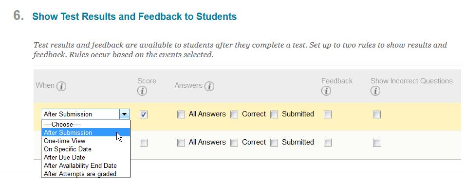 In section 3 of the test options, select a user or group for an exception, then enter the desired options. There are a few options when test results and feedback are available for students to see.