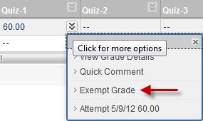 In Grade Center, locate the student and column you want to exempt. Click the drop-down menu and choose Exempt Grade. Name the category and click Submit button.