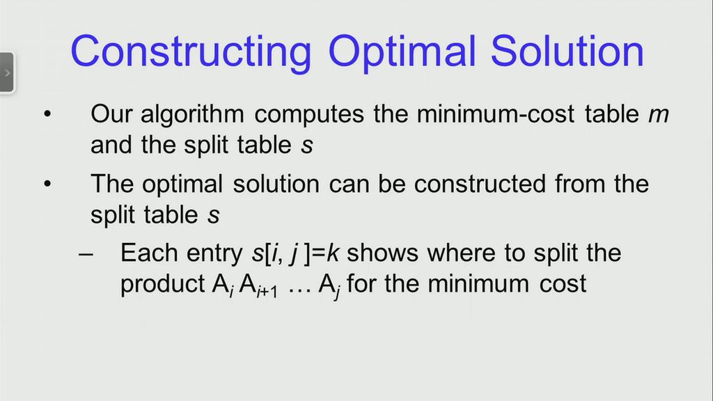 (Refer Slide Time: 22:55) The split table is use to compute an optimum solution, the algorithm computes first the min cost table and the split table S as we saw in the