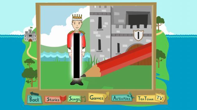 Roll the cursor over a number to reveal the Ten Town character. Click on the character to access their online activities. Select from Stories, Songs, Games, Activities and Ten Town TV.