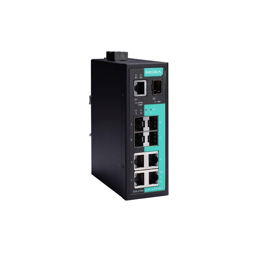 EDS-210A Series 8+2G/9+1G-port Gigabit unmanaged Ethernet switches Features and Benefits Up to 2 Gigabit uplinks for high-bandwidth data aggregation Multiple fiber ports with up to 4 100BaseSFP port