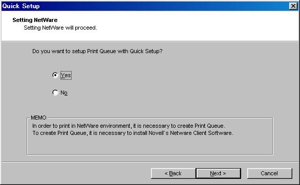7. Configure NetWare. Click Yes. Click Next.. 8. Select the operation mode of the NetWare server. Select Bindery mode. Click Next. 9. Select the file server to create a print queue.