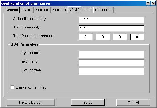 SNMP Configuration SATO Users Manual Tab Item Explanation Factory Default Authentication community Specify the authentication community name of SNMP.