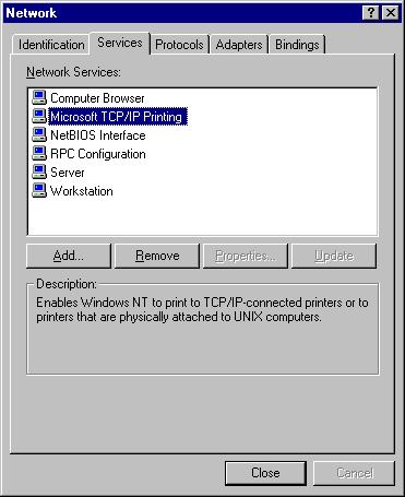 NOTE -If TCP/IP Printing is not in Services, click Add, then Network Services, then
